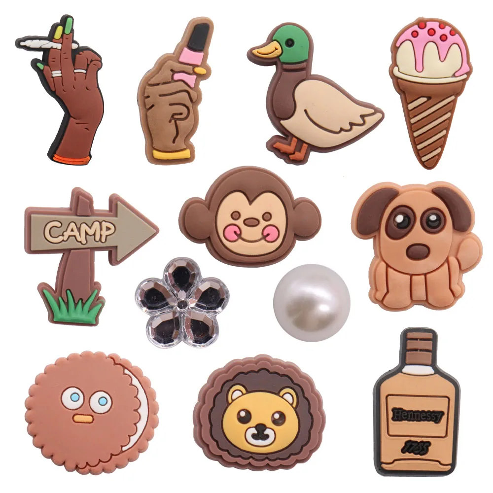 

Single Sale 1pcs PVC Cookie Lion Wine Dog Monkey Duck Ice Cream Shoe Charms Buckle Clog Fit Wristbands Backpack Decorations