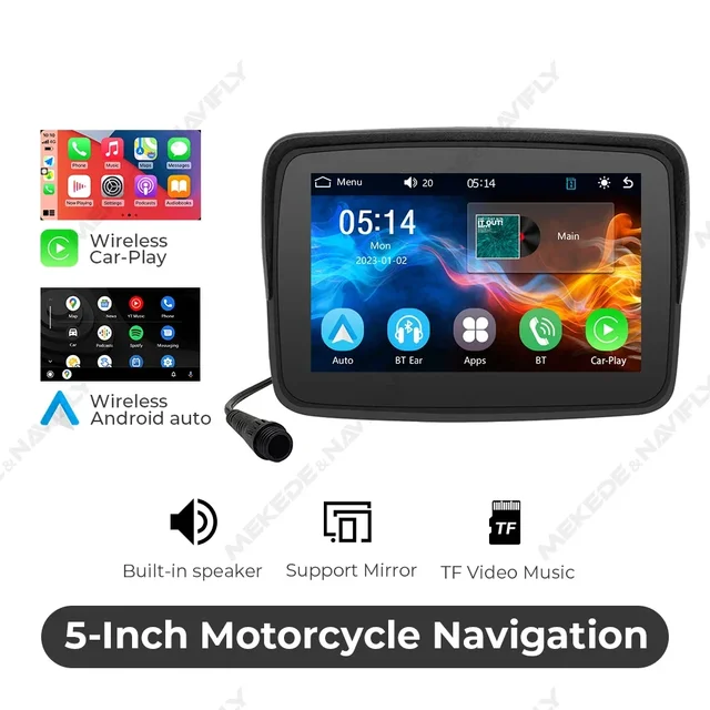 5'' Motorcycle GPS Navigation IPX7 Waterproof with Sunshade Wireless Carplay Android Auto Display Portable Monitor Dual BT WIFI