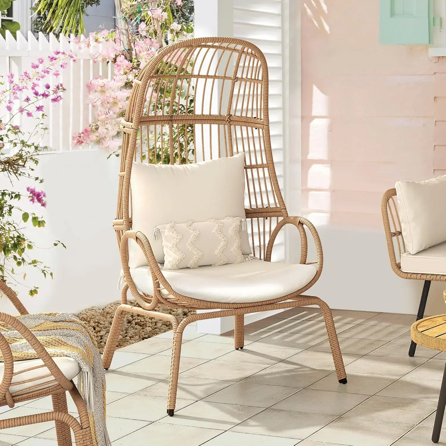 Rattan Basket Chair with 370lbs Capacity Indoor Egg Chairs with Stand & Cushion Cocoon Chair for Bedroom, Patio, Balcony - Beige 5