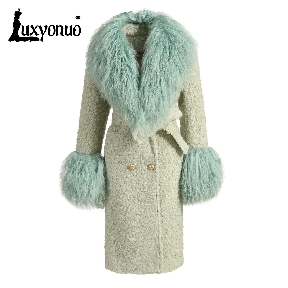 

Luxyonuo Women's Wool Coat with Fluffy Real Mongolian Fur Ladies Elegant Long Coats with Belt 2024 New In Outerwear Winter Warm