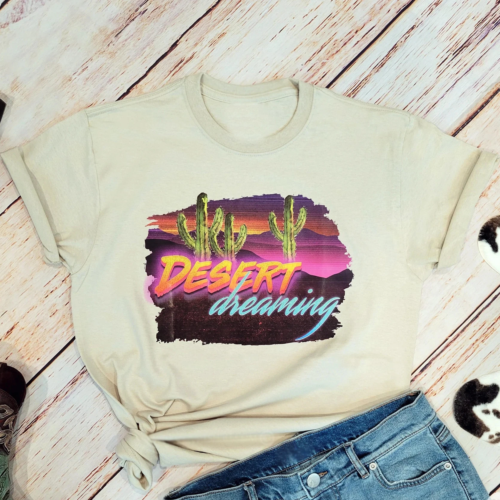 

Desert Dreaming Slogan Women T-shirt Vintage Western Sunset Desert Print Female Shirt Hot Sale Popular Holiday Casual Girl Tee