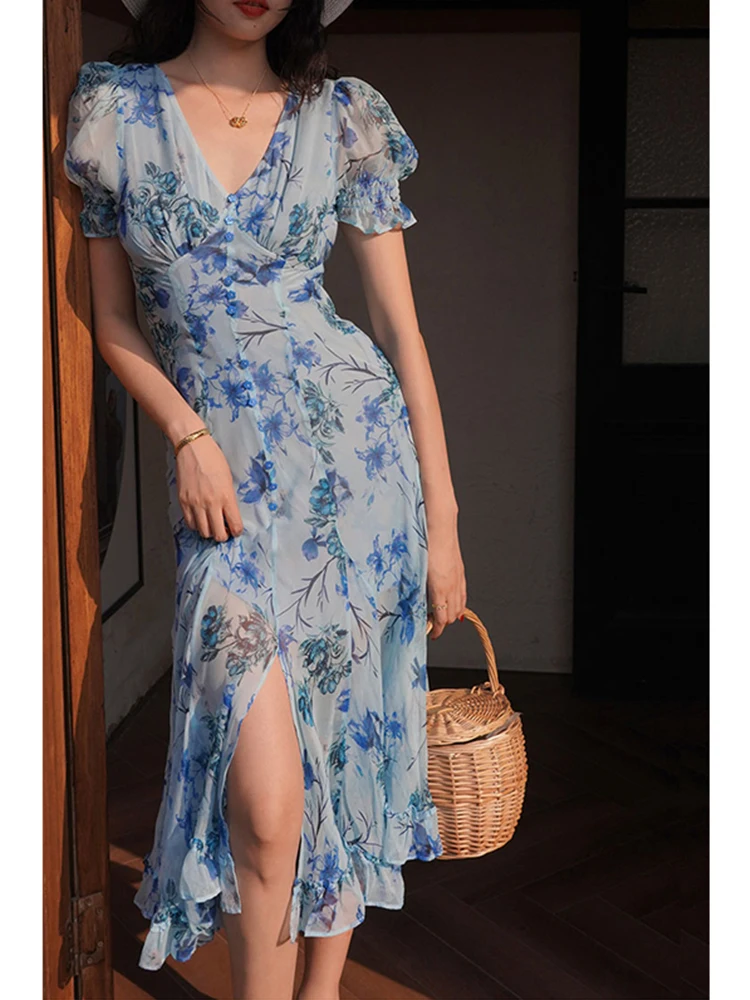

French Floral Puff Sleeve V-neck Dress