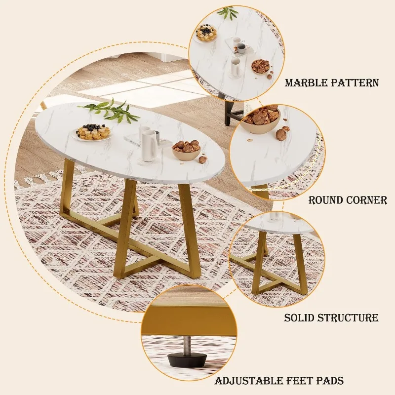 Coffee Table White Faux Marble Coffee Table for Living Room,Oval Center Table Modern Tea Table for Small Space,Wooden Living 5