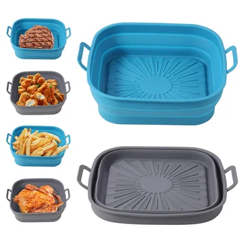 21CM Silicone Air Fryer Pot Tray BBQ Barbecue Pad Plate Airfryer Oven Baking Mold Pot Food Safe Reusable Square Air Fryer Pan