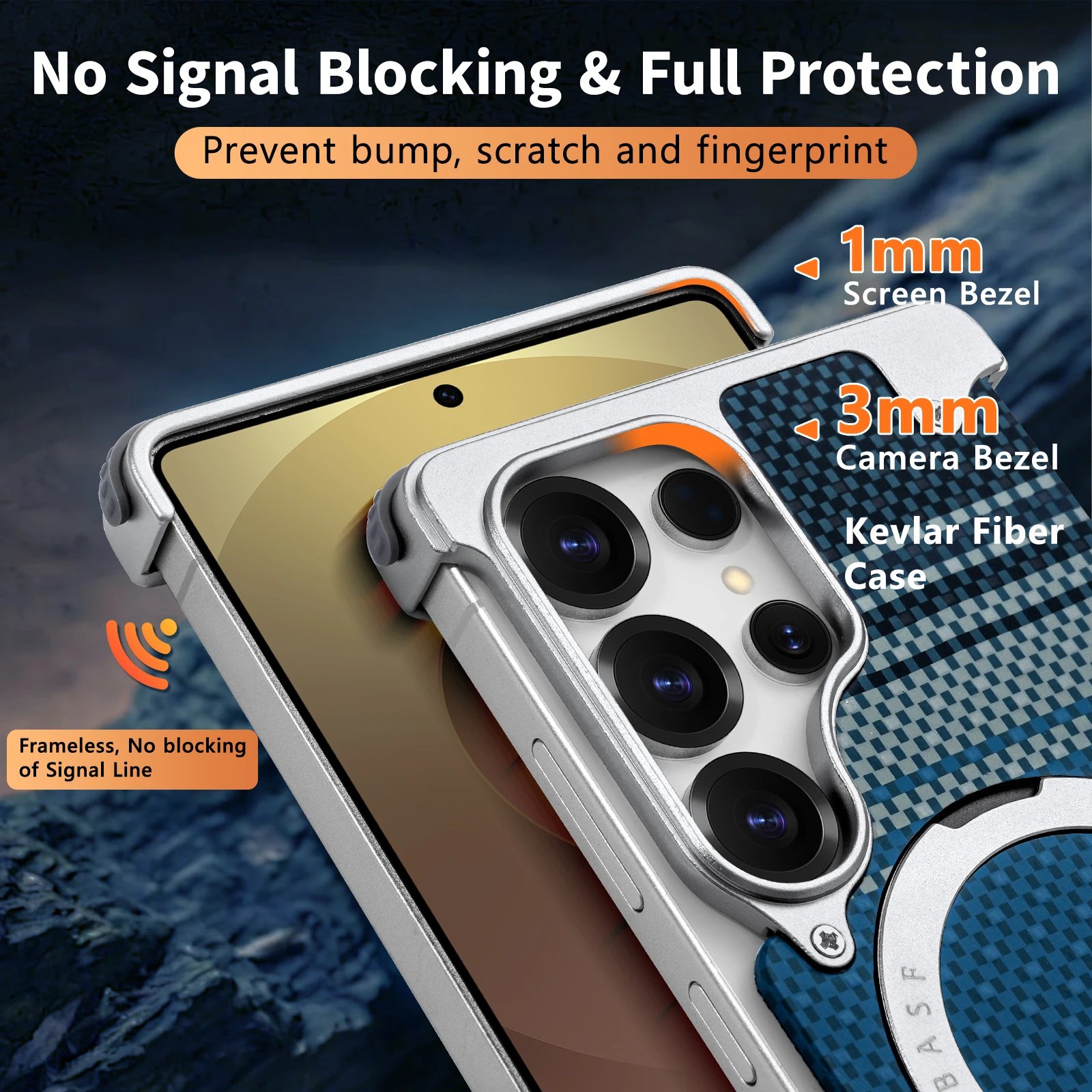 Eary for Samsung Galaxy S25 Ultra Phone Case with Ring Kickstand Kevlar Fiber Texture Cover Shockproof Protector Frameless Shell