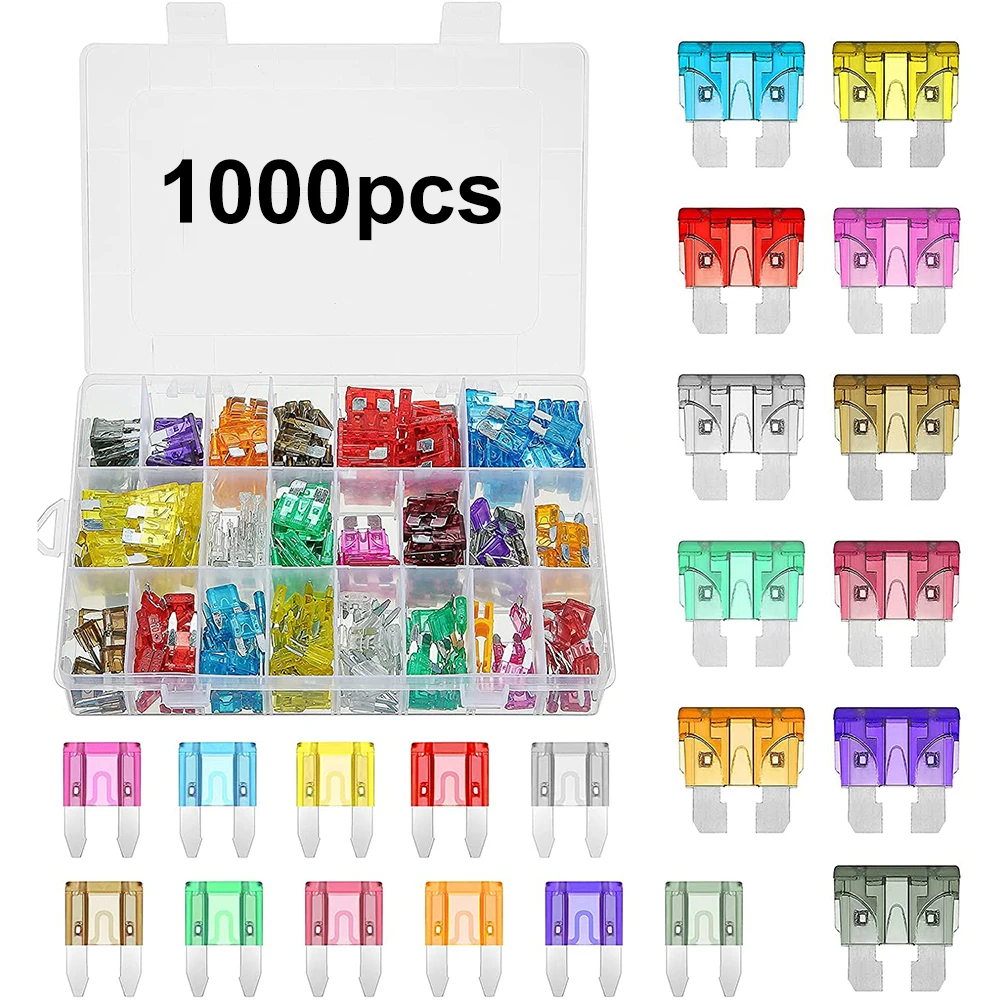 

1000pcs Car Blade Fuse Assortment Assorted Kit Mini Standard Size Blade Set Auto Truck Automotive Fuse With Storage Box