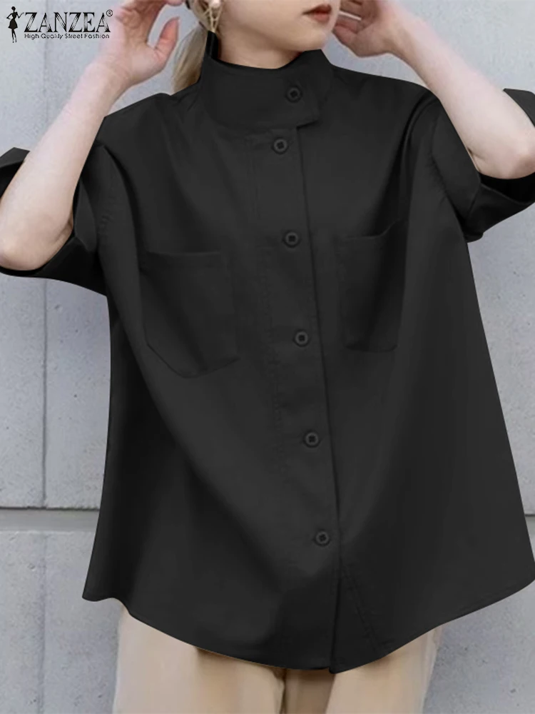 

Модная Однотонная рубашка ZANZEA, летняя повседневная женская блузка с коротким рукавом и воротником-стойкой, Женские винтажные деловые блузки для женщин