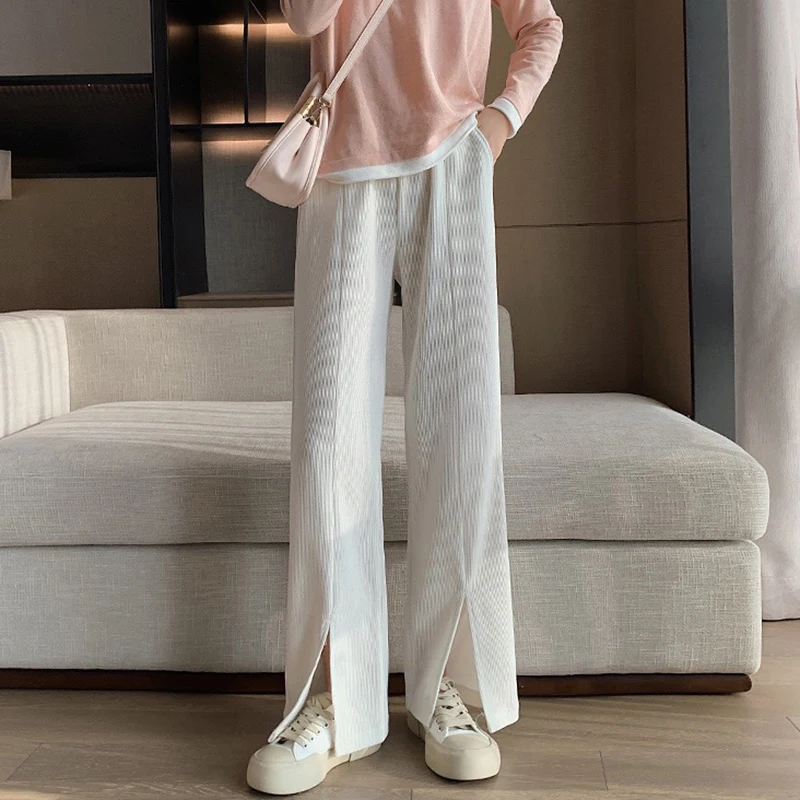 

2023 Spring Long Loose Pregnant Women's Casual Trousers With Pockets Front Split High Waist Maternity Boot Cut Pregnancy Pants
