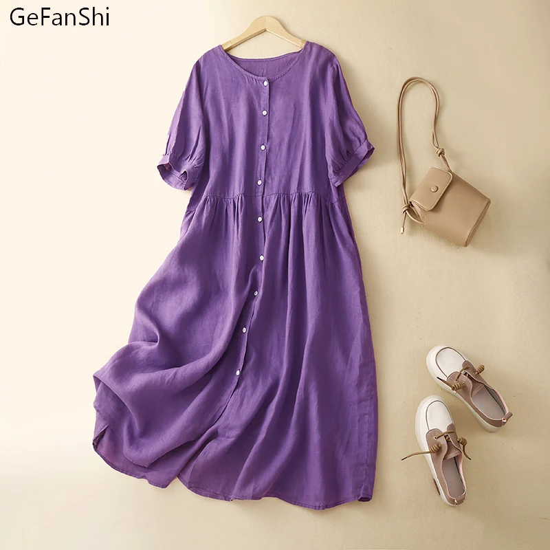 

New 2022 Cotton Linen Summer Women Dress Loose Solid O-Neck Button Casual Short Sleeve Dress Fashion Elegant Robe Dresses