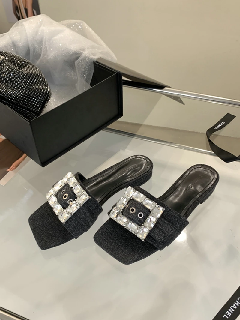 

Women Slipper Fashion Crystal Ladies Sexy Sandal Thin High Heel Square Toe Slip On Beach Slides Shoes Flip Flop 2023 Summer