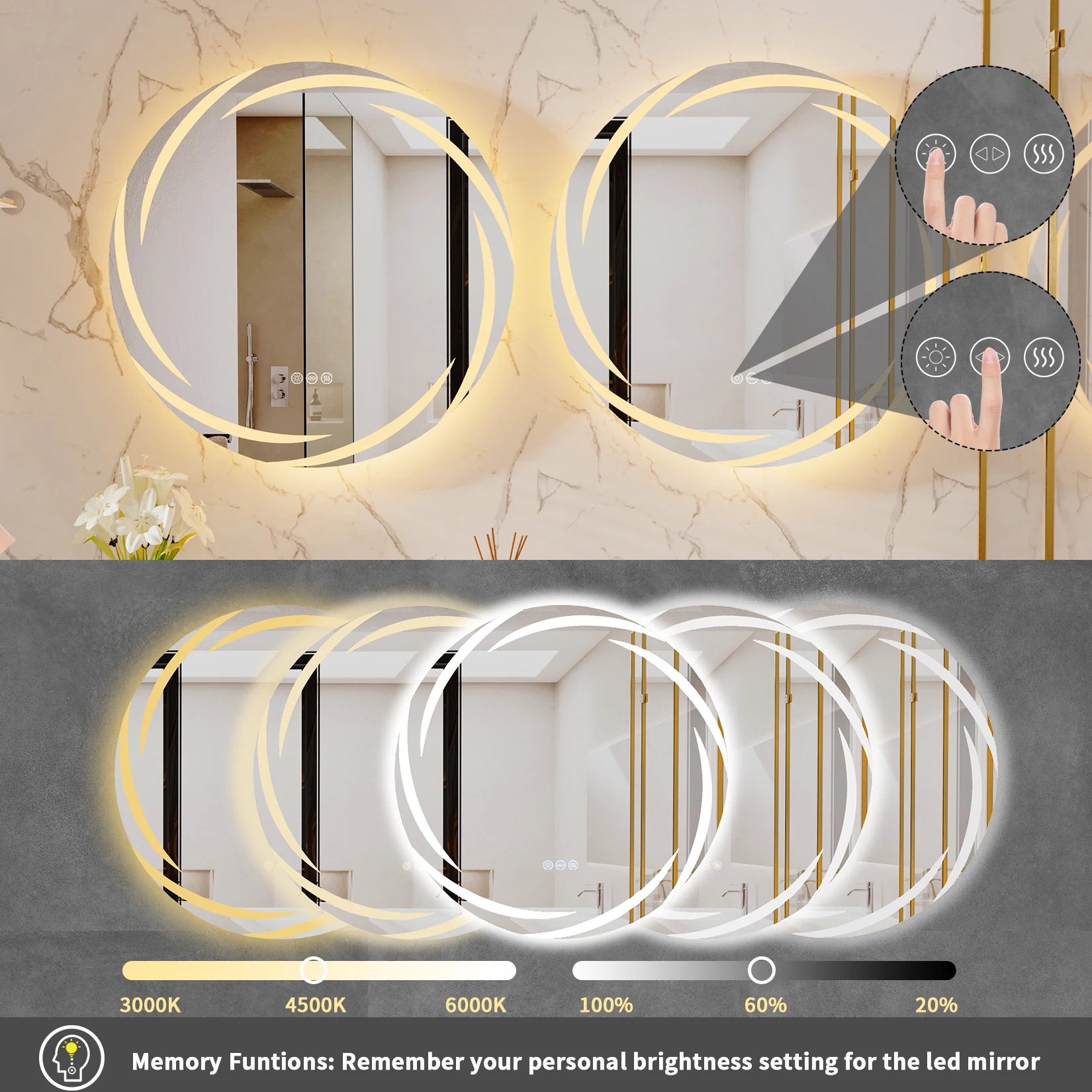 Anti-fog LED Bathroom Mirror Circle Backlit HD Wall Mounted Vanity Mirror Shatterproof 3 Colors Lights Adjust 5
