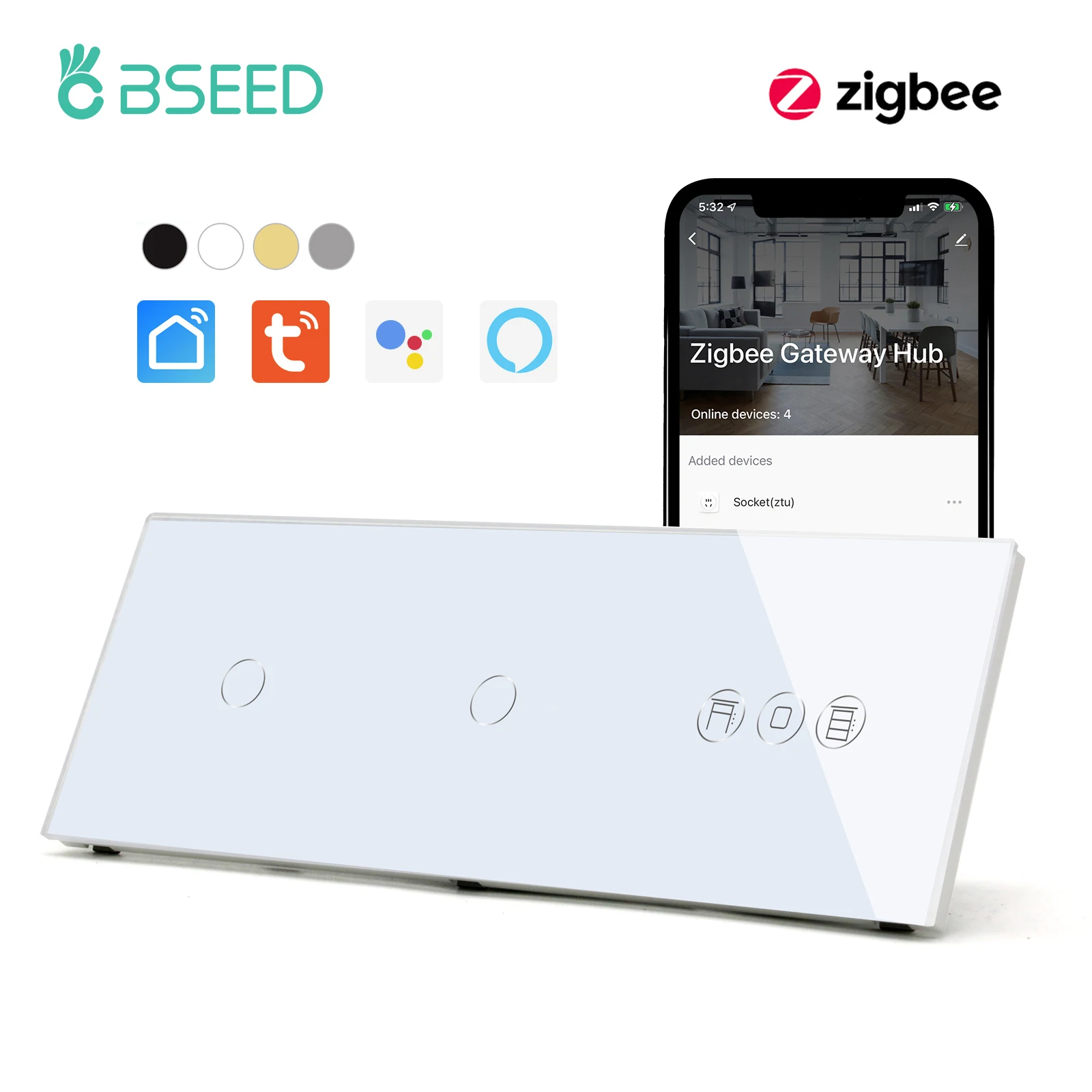 Bseed-zigbee Duplo Toque Switches Interruptor do Obturador Inteligente Tuya Smart Life Alexa Controle Padrão da ue Gang 2gang Além Disso Rolo