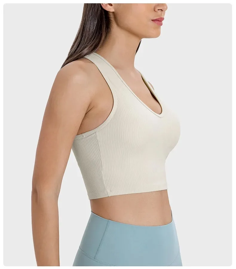 Lemon Women Gym Sport Top Outdoor Jogging Ribbed Fabric Fitness Underwear Leisure Commuting V-neck Tank Top Sport Bra Sportswear