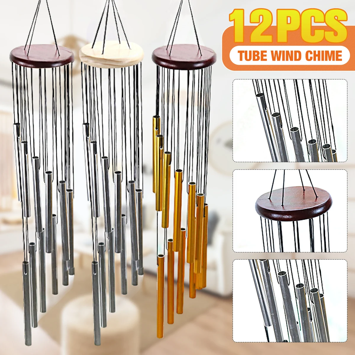 

with 12 Pcs Tubes 3 Types Wood Metal Bells Outdoor Garden Yard Hanging Charm Windchime Wind Chime Ornament