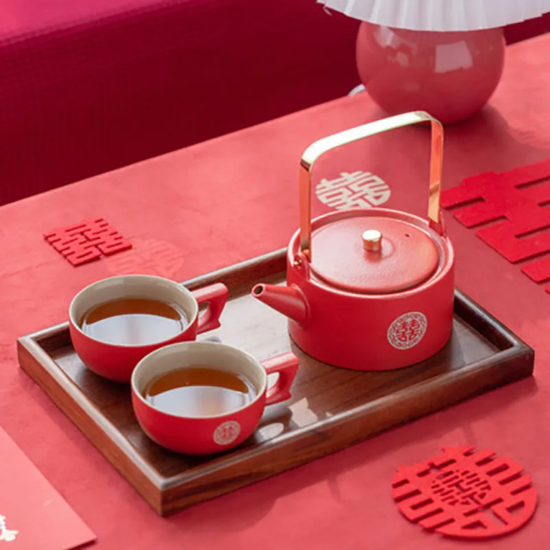 Red Chinese Tea Set Double Happiness Porcelain Ceramics Teapot and Cups