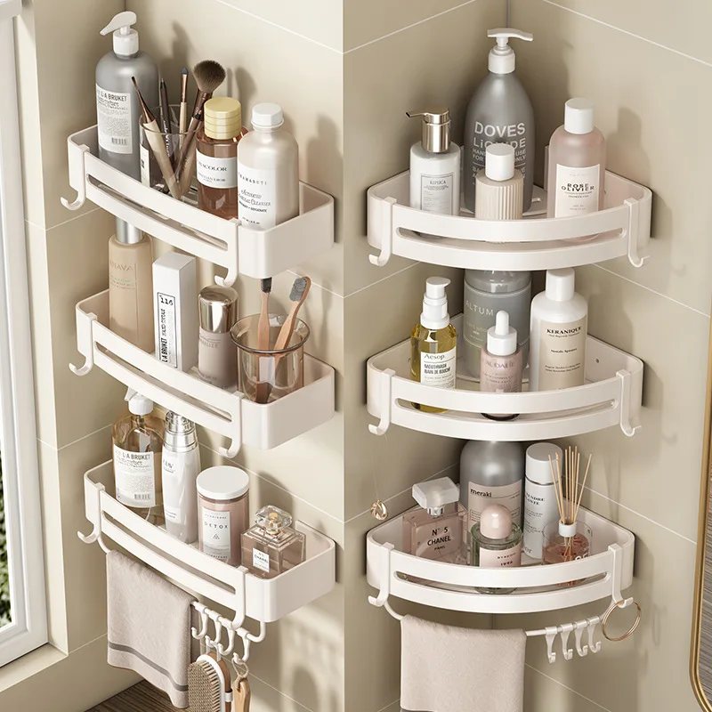 White Bathroom Shelves No Drill Wall Mounted Shower Corner Storage Shelf Shampoo Shower Organiser Rack Rustproof Toilet Holder