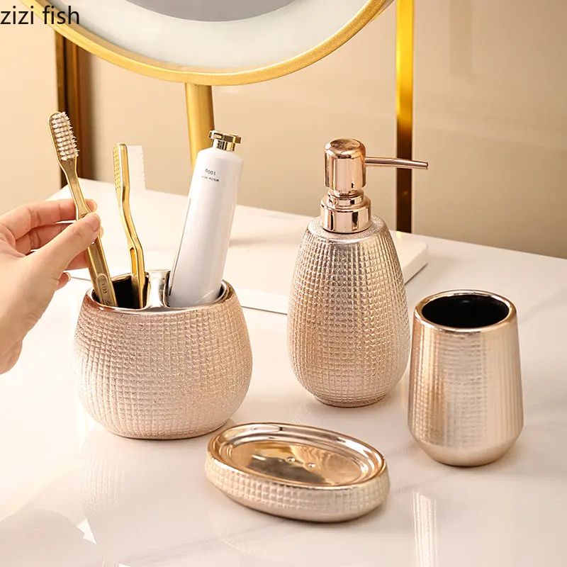 Rose Gold Ceramic Lotion Bottle Mouthwash Cup Toothbrush Holder Home Bathroom Accessories Set Shampoo Body Wash Bottle Soap Dish bathroom accessories set