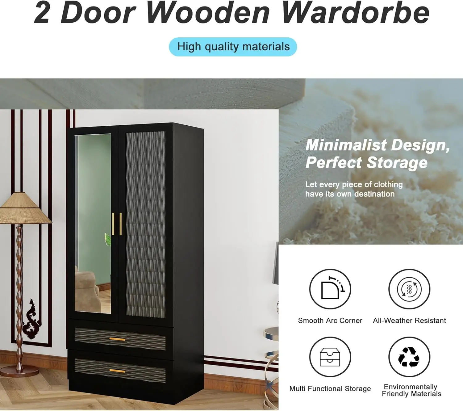 Wood Armoire Wardrobe Closet with Mirror, Storage Cabinet Bedroom Freestanding Wardrobe Combination for Hanging , Black 70.47”H 4