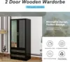 Wood Armoire Wardrobe Closet with Mirror, Storage Cabinet Bedroom Freestanding Wardrobe Combination for Hanging , Black 70.47”H 4