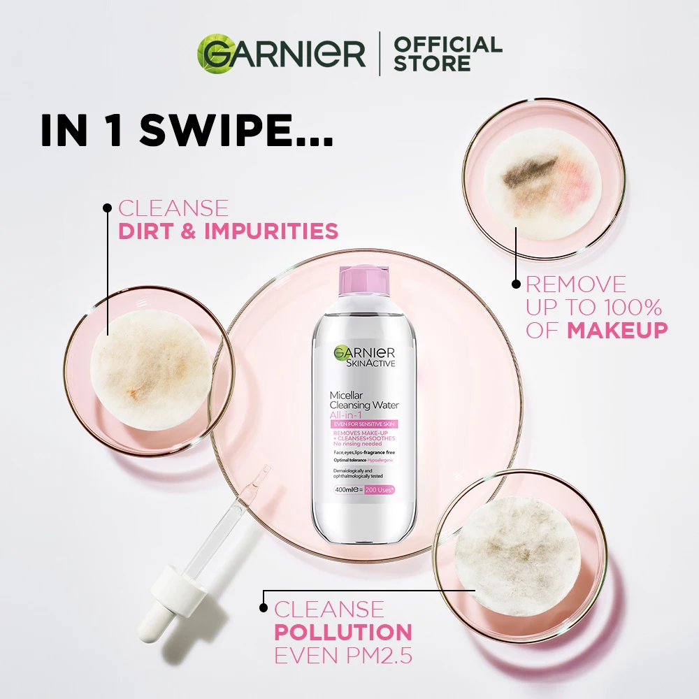 GARNIER Makeup Remover Liquid 400ml Face Eye Lip 3-in-1 Makeup Removal Gentle Refresh Deep Cleansing Smoothing Makeup Cosmetics 3