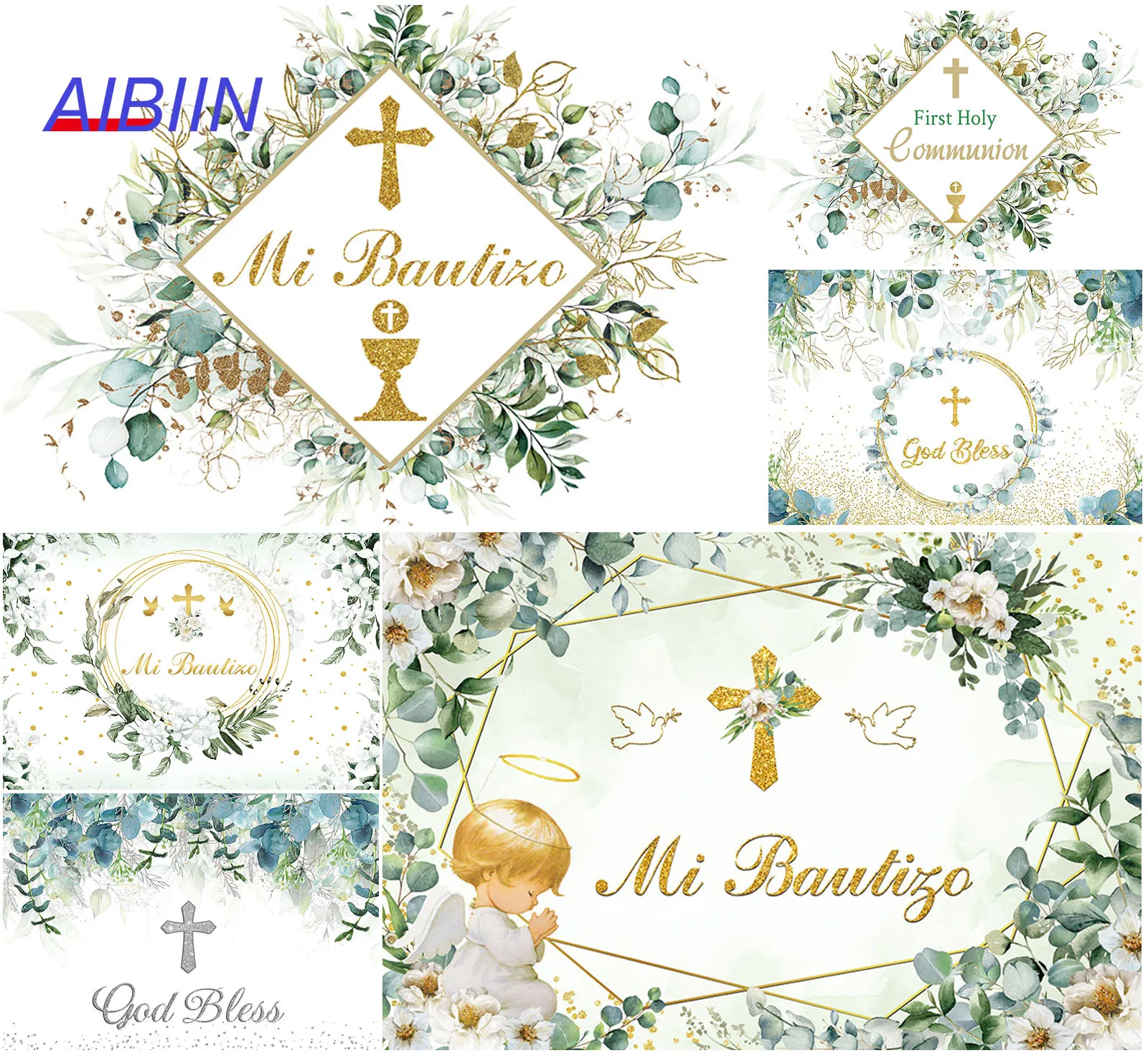 

Baptism Photography Background Gold Cross Green Leaves First Holy Communion God Bless Christening Backdrop Party Decoration