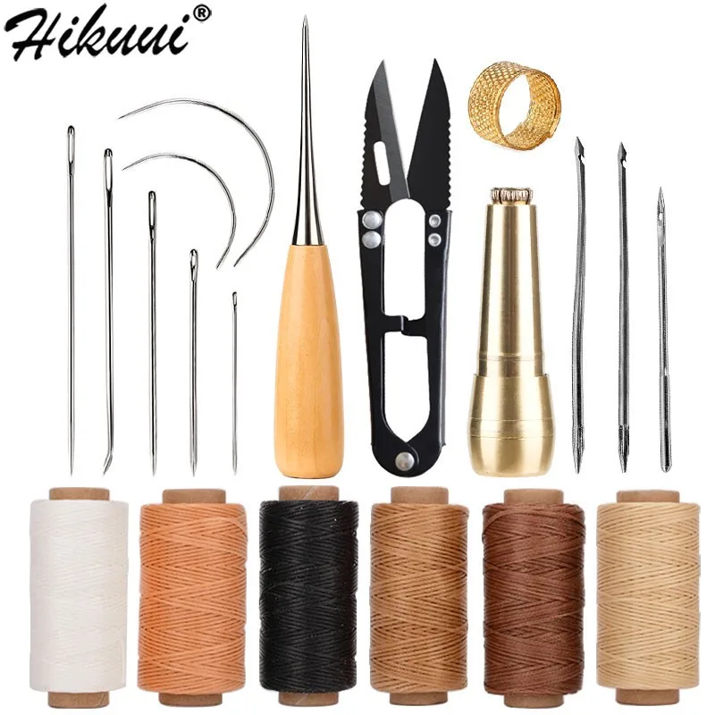 Leather Sewing Kit Copper Awl Waxed Thread Thimble Needles For Leather