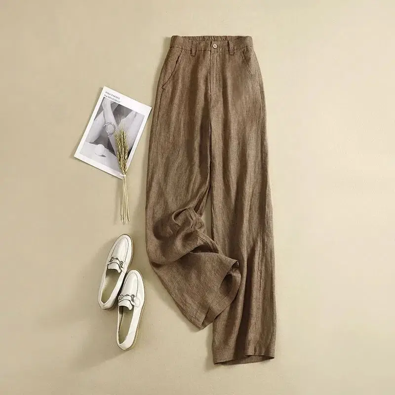 Linen High Waist Solid Color Wide Leg Pants Summer New Korean Women Loose Large Size Fashion Temperament Drape Casual Straight P