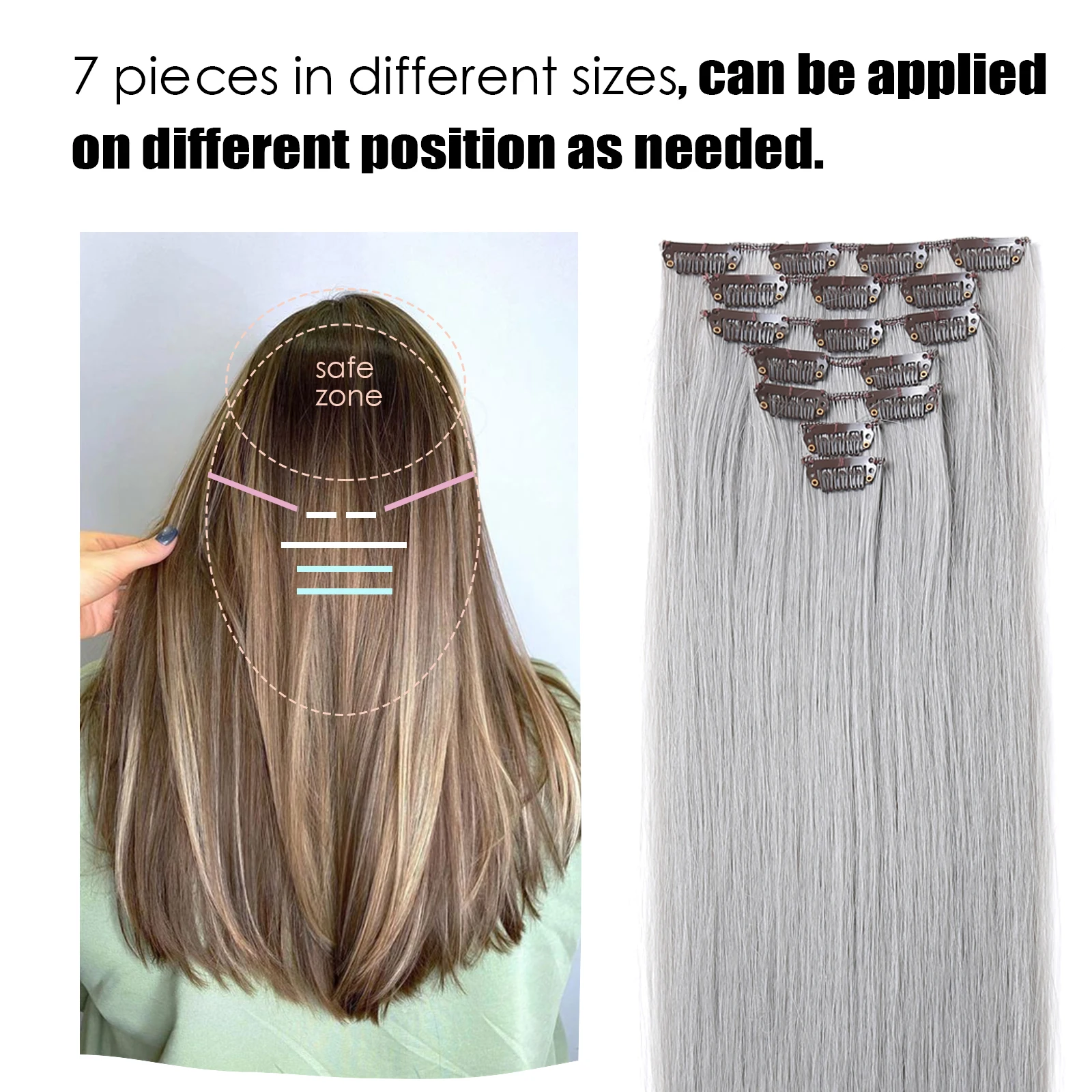 7Pcs/Set Silver Grey Synthetic Hairs Clip In Long Straight Natrual Thick Hairpieces For Women Cosplay Synthetic Hair Extensions for hair extensions