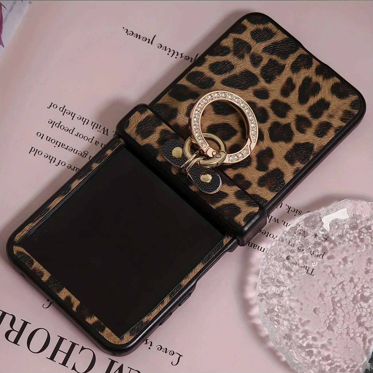 Retro Leopard Print Leather Phone Case with Diamond Plated Finger Ring Buckle