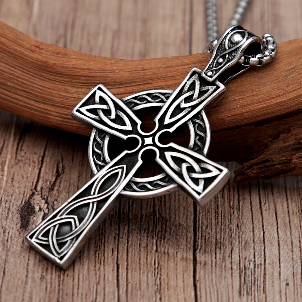 Viking Celtic Cross Necklace Pendant Knot Gaelic Irish Jewelry Braided Leather