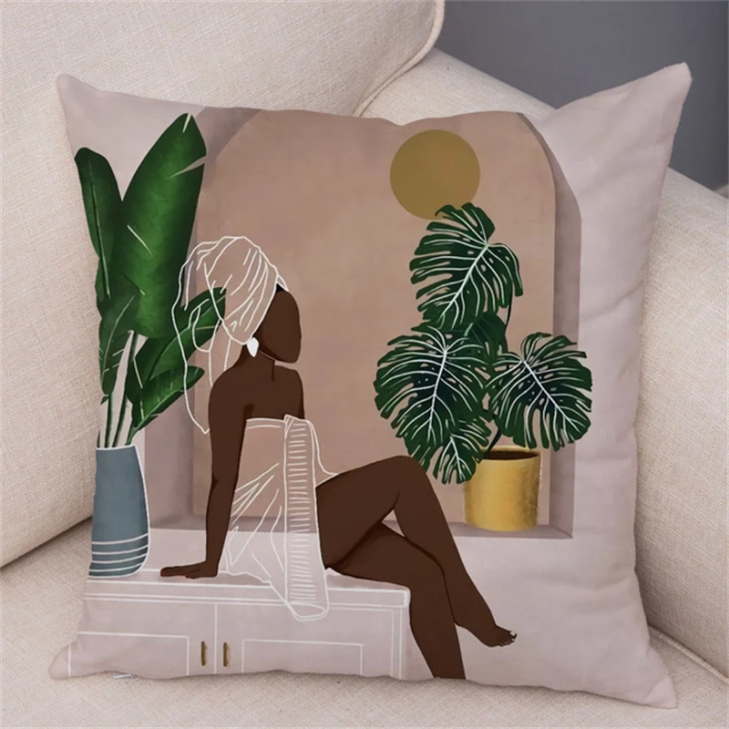 2022 Tropical Plant Soft Plush Black Africa Girl Pillow Case Linen Geometric Fashion Women Cushion Cover for Sofa Car Home Decor