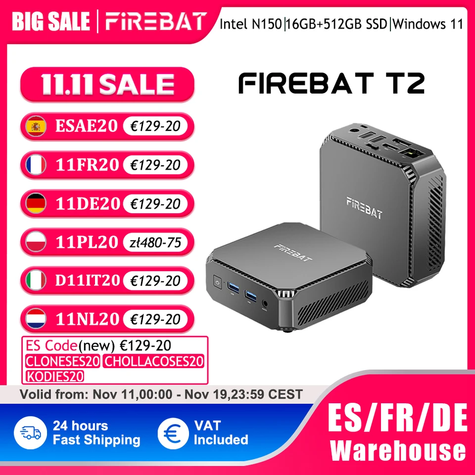 FIREBAT T2 Mini PC Intel N150 CPU Windows 11 DDR4 16GB RAM 512GB