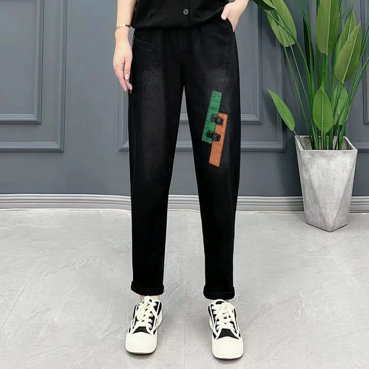 

Vintage Blue Baggy Spliced Harem Jeans Women Ankle-Length Casual Elegant High Waist Oversized Denim Pants Korean Cute Pantalones
