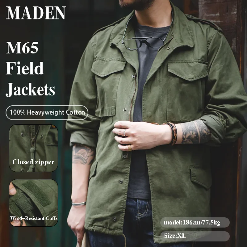 Veste militaire vintage M65 Maden pour hommes - Field jacket verte coupe-vent casual avec poches