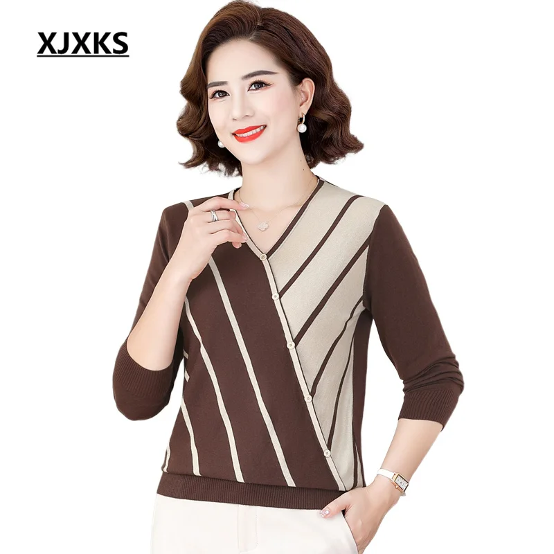 

XJXKS Fashion V-neck Striped Top Women's Sweater 2022 Autumn Winter Latest Plus Size Wool Knitted Pullover Sueters De Mujer