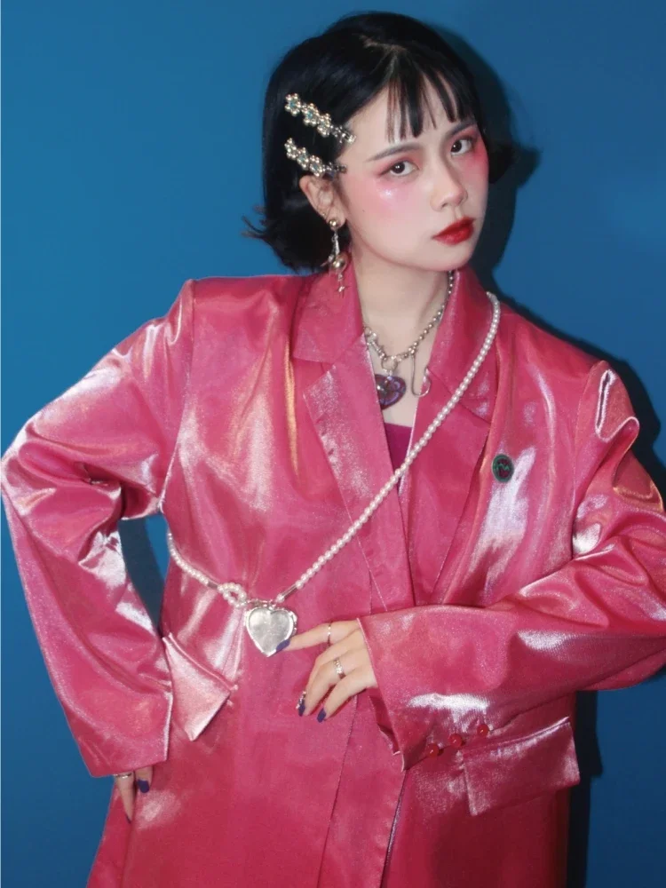 NOPMOB Women Peach Pink Oversized Tailored Jacket Lake Sparkling Polarized Retro Design Fashion Punk Y2k Loose Suit Blazer