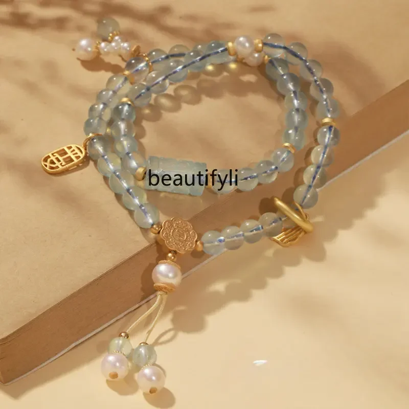 

zqIce-like Aquamarine Bracelet Girls Niche Antique Gift Multi-Wrap Bracelet National Style