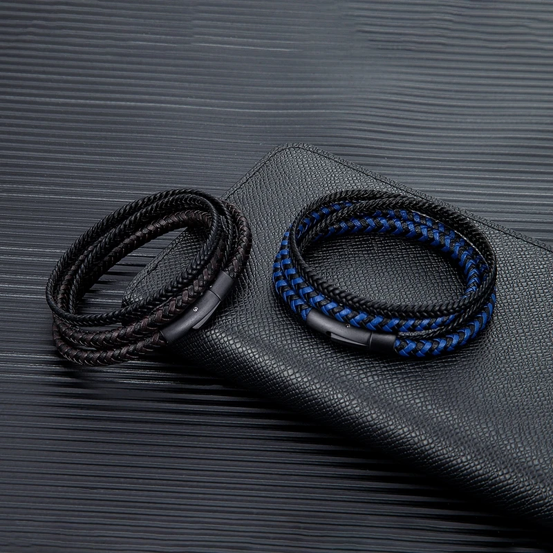 MKENDN Simple Style Men Double Layer Leather Bracelet Matte Black Stainless Steel Button Accessories Hand-woven Jewelry Gifts leather bracelet