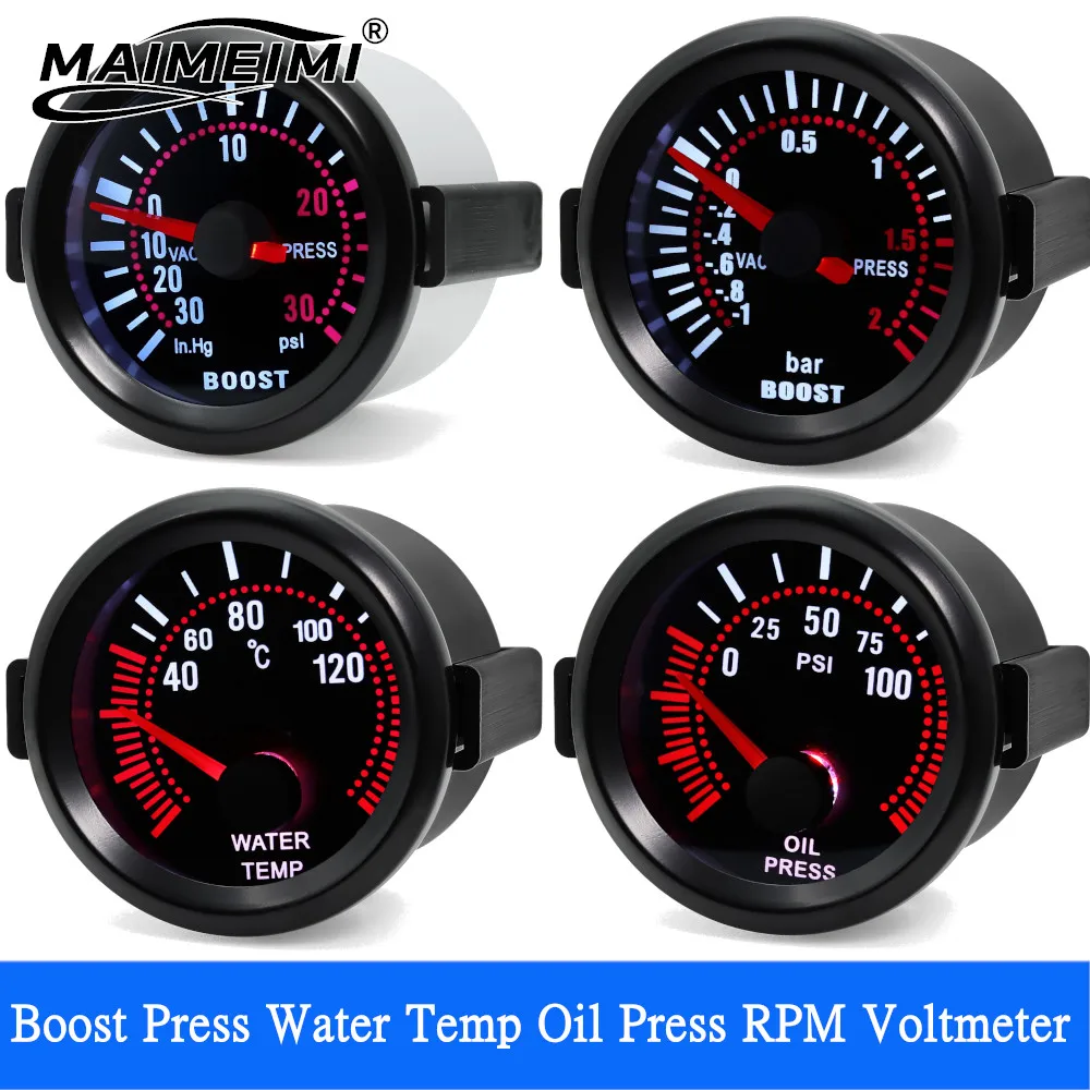 유니버설 12V 52mm 자동차 게이지 부스트 게이지 수온/유온계 타코미터 유압계 PSI/BAR 진공 전압계