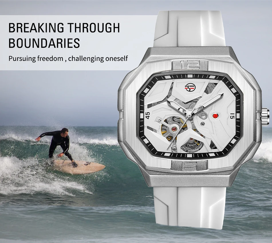2024 FORSINING Square Skeleton Mechanische Echte Herrenuhr Automatisches Uhrwerk Weiße Sport Wasserdichte Luxus-Männeruhren_voghion.com