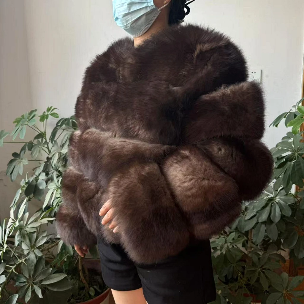 Manteau VINCE En Renard Argenté Avec Manches Cuir – Taille M, Neuf Avec étiquettes