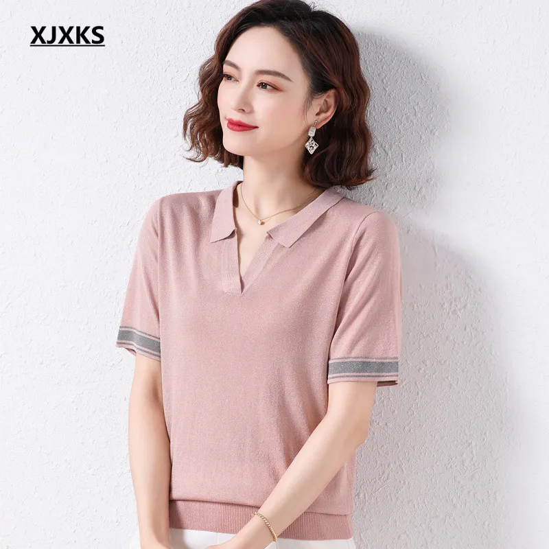 

XJXKS Fashion Lapel Women's T-shirt 2022 Summer New High Quality Comfortable Ice Silk Knit Short Sleeve Top