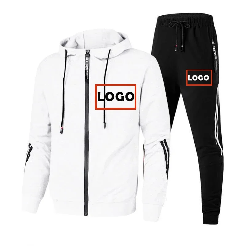 Custom Logo Men's Tracksuit Brand Zipper Hooded Jacket and Sweatpants 2 Pieces Set Fashion High Quality Streetwear Male Outfits
