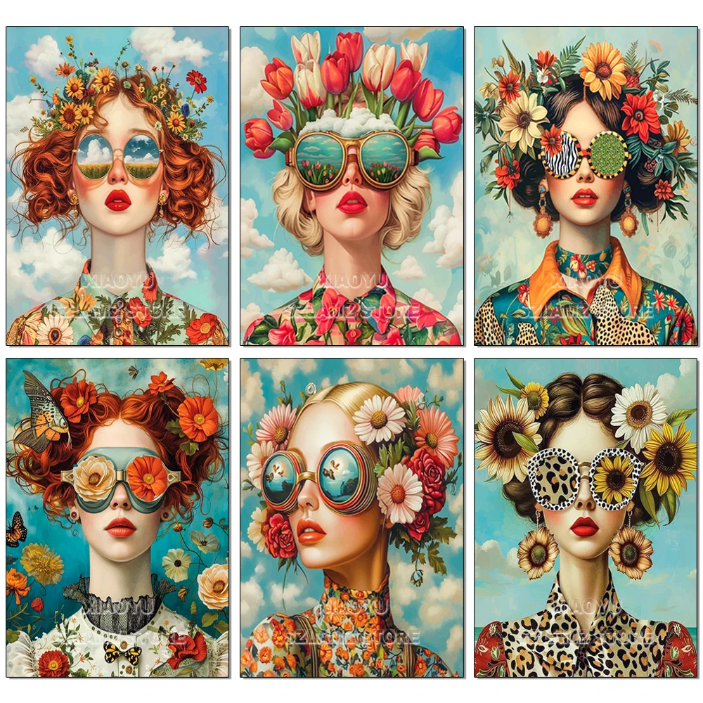 Full Square Round Diamond Painting Beautiful Woman With Glasses Flower Diamond Mosaic Embroidery Rhinestones Cross Stitch Art