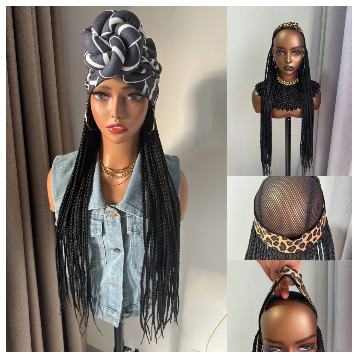 Synthetic Hair Wigs Long Black Synthetic Box Braided With Elastic Bands Headband Wig And Headband Split Set Turban Braiding Hair Extensions Wigs