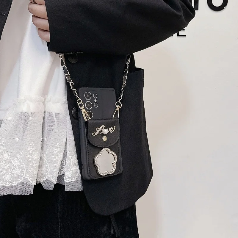 Elegant Mirror Wallet Case with Strap and Card Slot - Crossbody Lanyard with Floral Design