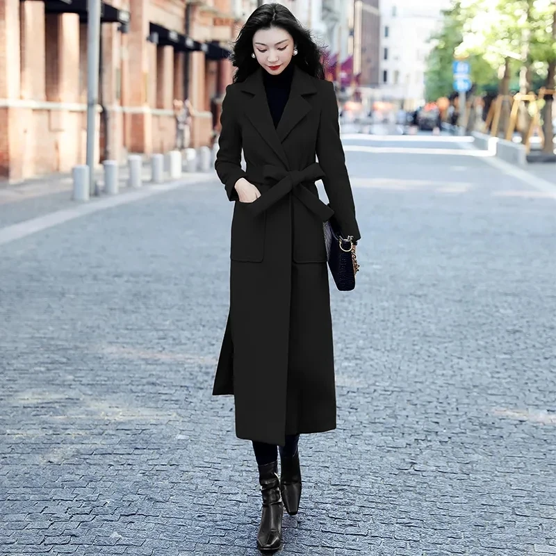 

Autumn 2024 Winter New Chic Woolen Jacket Women's Overcoat Korean Slim Mid-Length Lace-Up Oversize Woolen Windbreakers Coat