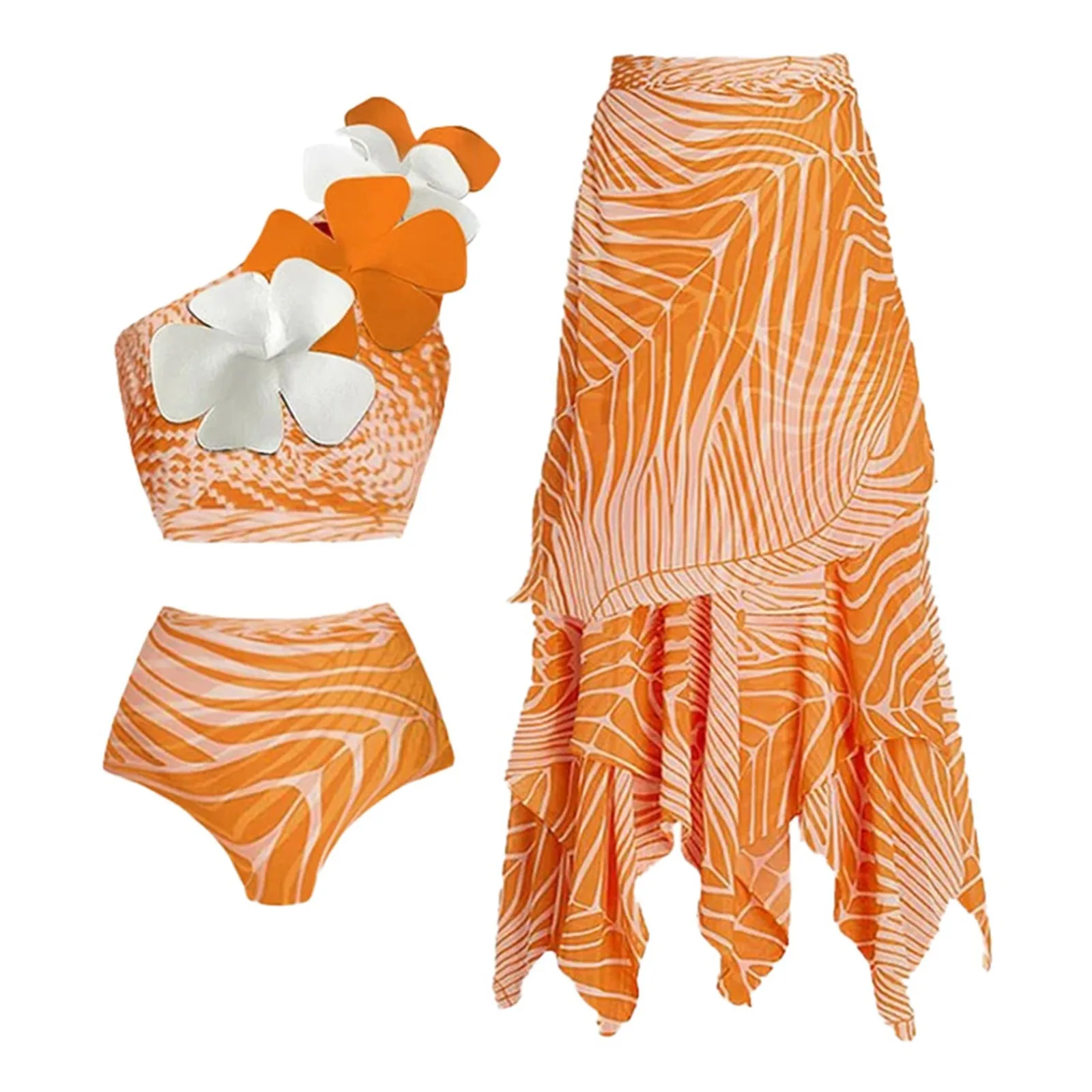 

Ms Bikini Suit One Shoulder Flower Printed Swimsuit Shorts Bathing Suit Women
