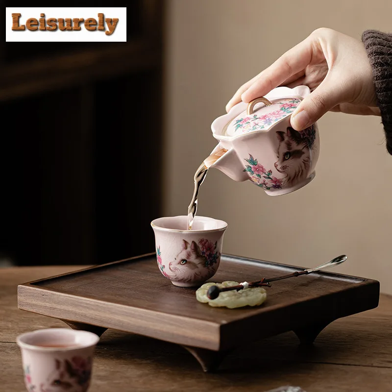 Pink Ru Kiln Flower Cat Teapot Retro Tea Infuser Pot Tea Maker Kettle With Filter Chinese Tea Cha Supplies Collection Teaware