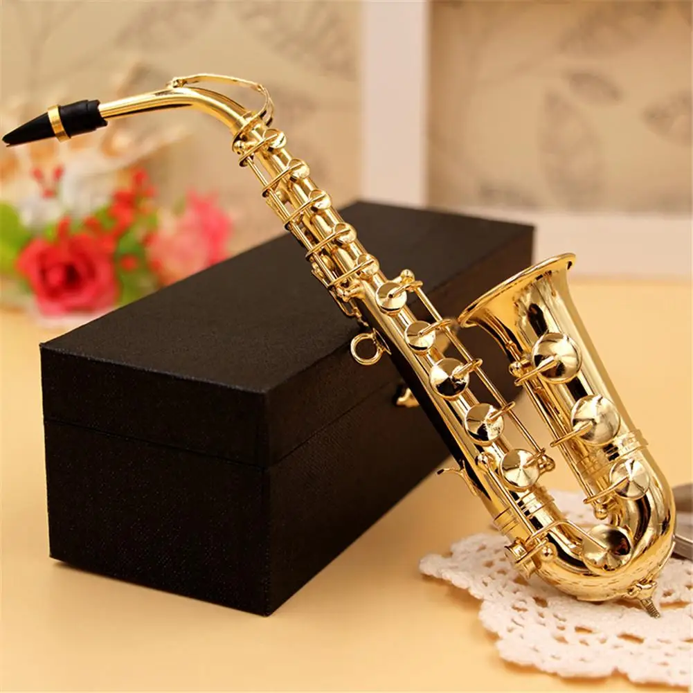 Mini Saxophone Model Musical Instrument Copper Brooch Miniature Desk Decor Display With Box + Bracket